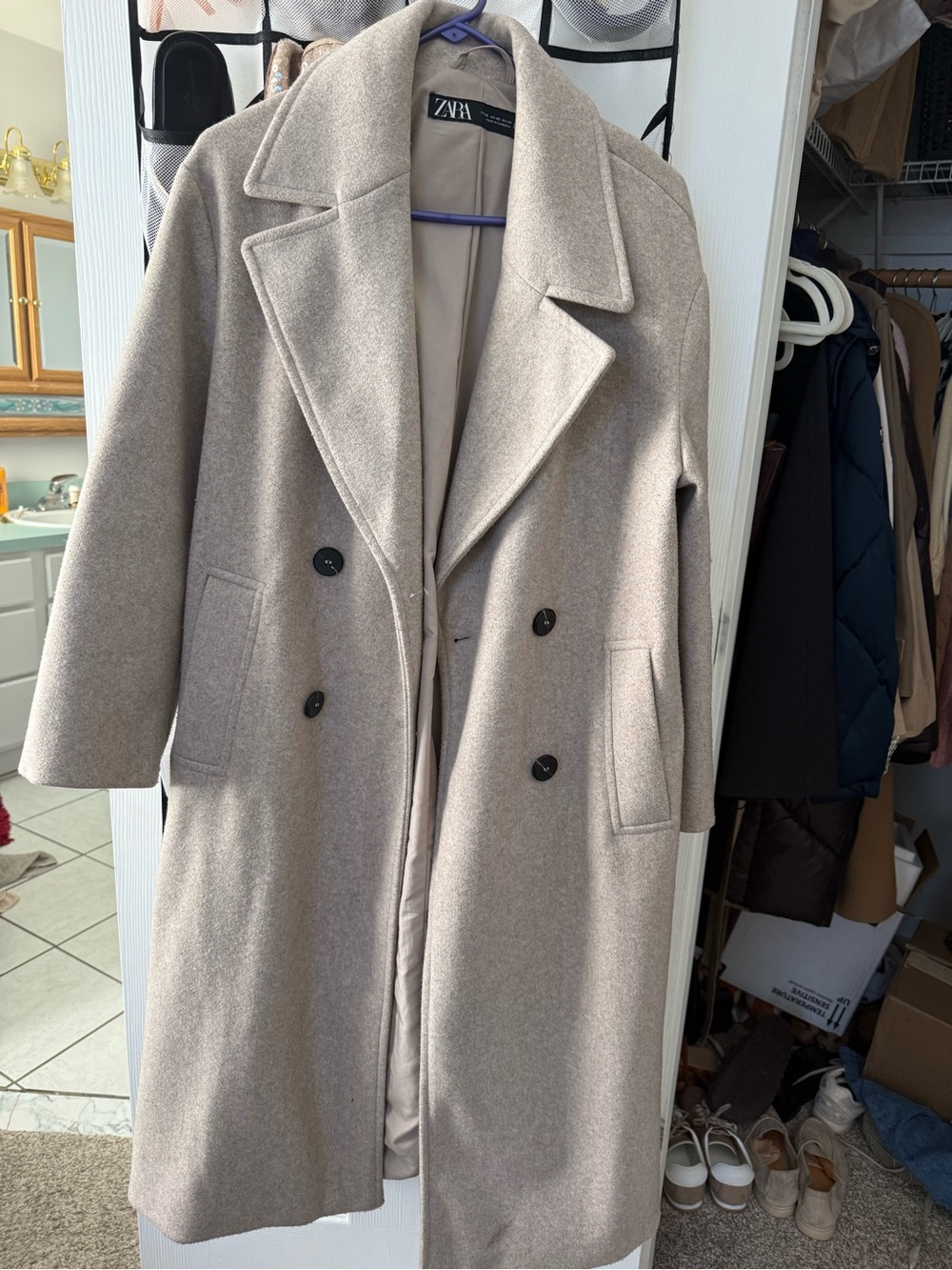 ZARA Taupe Double-Breasted Wool-Blend Pea Coat - Picture 3 of 3